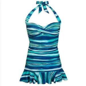 Disney Women's Minie Mouse Blue Striped Halter One Piece‎ Skirted Swimsuit Small